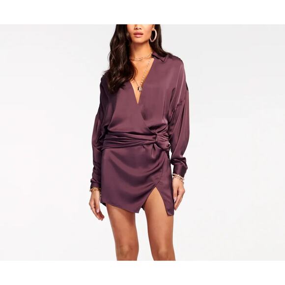 $495 Ramy Brook Dress Jaymie Wrap Long Sleeve Satin Brown Mini Dress Size 4 NEW - Picture 1 of 10